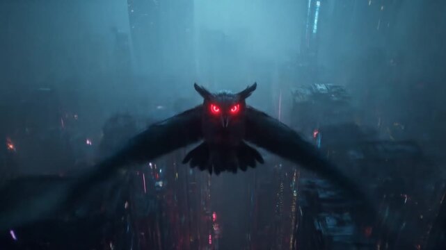 Dark owl silhouette with glowing eyes soaring over abstract cityscape