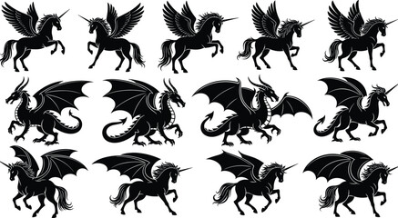 Naklejka premium Set of twelve black silhouette mythical fantasy creatures vector illustrations, including dragons, winged unicorns, and Pegasus unicorns