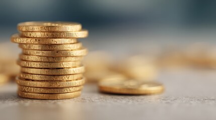 A close-up of stacked gold coins, symbolizing wealth and prosperity, with additional coins scattered in the background.