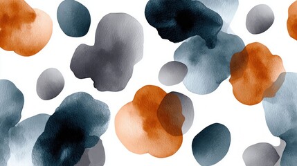 Abstract watercolor shapes in orange, gray, and teal on a white background
