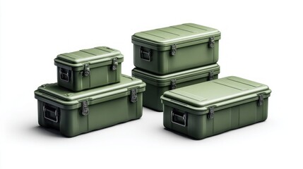 Green storage containers stacked on a white background