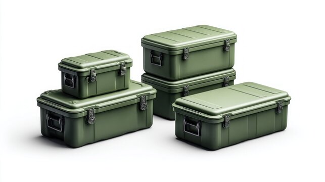 Green storage containers stacked on a white background