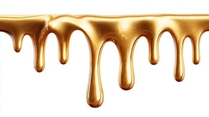 Golden liquid dripping against a clean white background for design and concepts