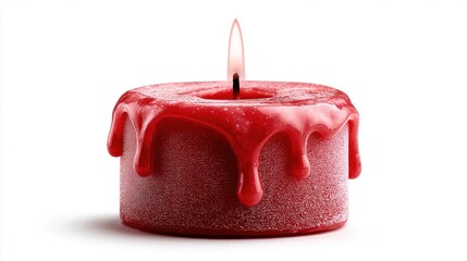 Burning red candle with dripping wax against a clean white background
