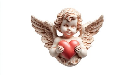 Cherubic angel statue holding a red heart on a white background