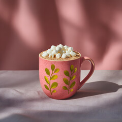  Pink Ceramic Mug of Hot Chocolate Topped with Marshmallows on Fabric Surface in Sunlight