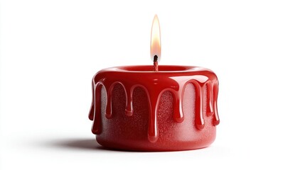Burning red candle with melting wax and a bright flame against a white background