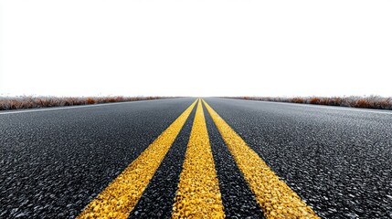 Road with yellow lines leading to the horizon against a white sky background