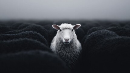 A unique white sheep stands out from a crowd of black sheep in a field