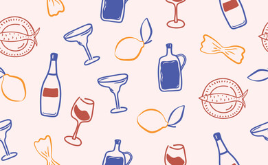 Whimsical hand drawn Italian food seamless pattern. Blue, yellow, red chalk crayon sketch dish with pasta, bottle wine, lemon, fish, ingredients for Italy menu, wedding, cafe. Doodle Vector illustrati
