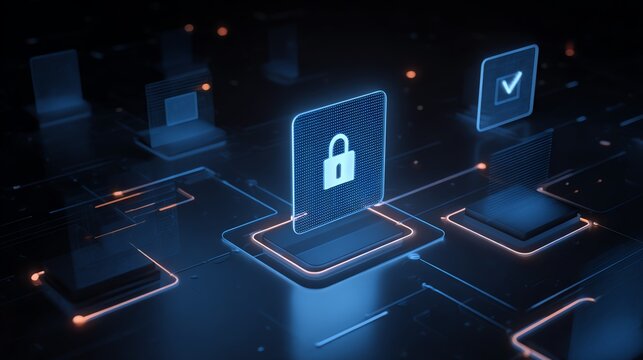 This image showcases a digital network with glowing security icons, representing advanced technology and cybersecurity concepts in a modern, interconnected environment.