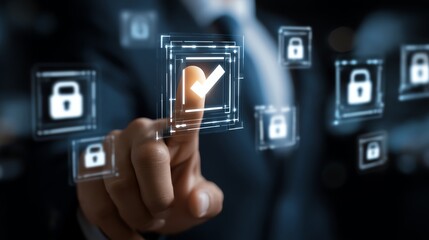 A businessman interacts with digital lock icons, representing cybersecurity and data protection