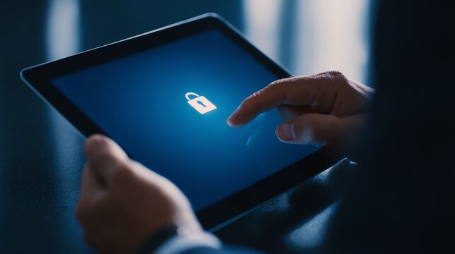 A close-up of a person's hands interacting with a tablet displaying a security lock icon. This image represents cybersecurity, technology, and digital privacy in modern life. - Powered by Adobe