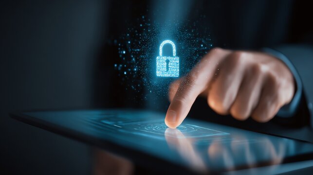 A businessman interacts with a futuristic tablet, activating a digital lock symbol. The image represents security, innovation, and the digital age in modern technology.