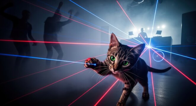 Feline rave guardian amidst vibrant laser beams in a smoky atmosphere nightclub
