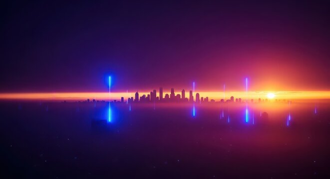 Futuristic cityscape with neon accents reflecting on a tranquil horizon at dusk