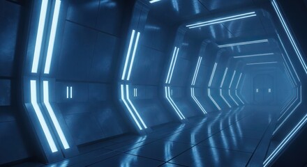 Futuristic interior with glowing blue neon lights and hexagonal patterns on the walls