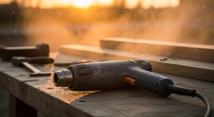 Atmospheric workshop scene featuring a heat gun, lumber and tools in the golden light