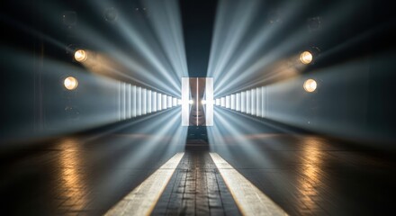 Illuminating pathway with radiant beams, wooden floor reflecting ethereal lights, a modern design