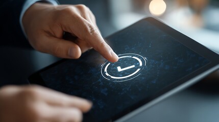 A close-up of a person's hand tapping on a digital tablet screen showing a futuristic interface, symbolizing innovation and interaction in the modern tech landscape.