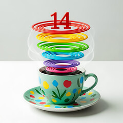 Coffee cup with rainbow rings and number 14 saucer drink beverag
