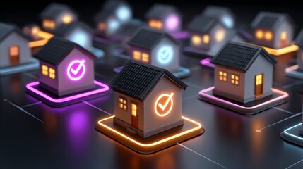A vibrant representation of smart homes, showcasing illuminated miniature houses with checkmarks, symbolizing modern architecture and digital connectivity in housing.