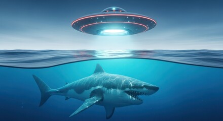 Surreal encounter: Great white shark meets unidentifiable flying object in open water