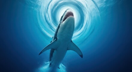 Majestic great white shark ascending from the depths into a swirling ocean current