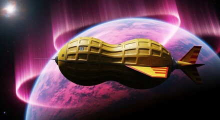 A whimsical journey: The peanut-shaped spaceship explores vibrant celestial auroras
