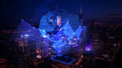 Futuristic Cityscape with Digital World Map Overlay and Night Lights