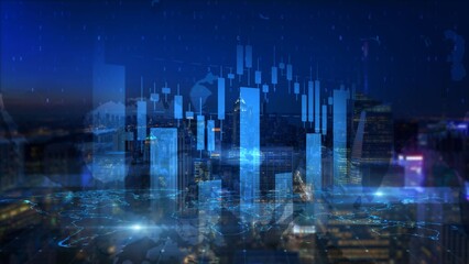 Futuristic Cityscape with Digital Financial Data Overlay at Night