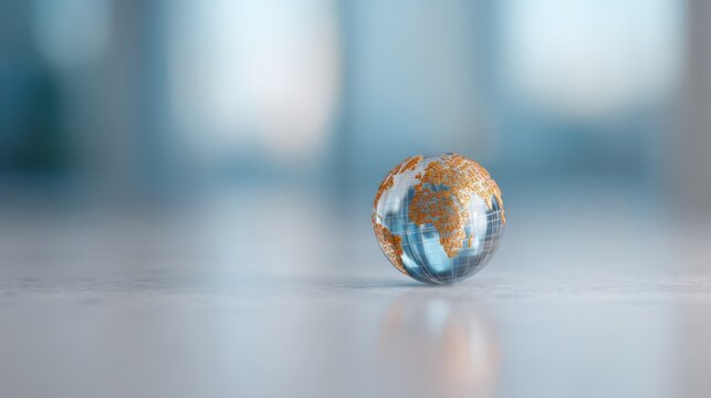 A clear, glass globe with an orange map design rests on a smooth surface, symbolizing global connectivity and exploration.