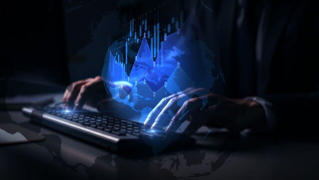 Futuristic Finance: Businessman's Hands Typing on Keyboard in Digital World - Powered by Adobe
