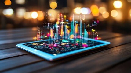 A digital tablet displaying vibrant data visualizations over a glowing interface, representing modern technology and data analysis in a futuristic setting.