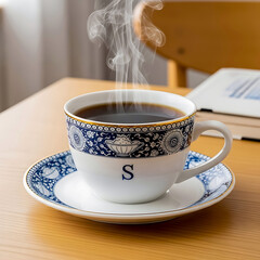 Steaming cup of coffee with blue ornate pattern and letter S on