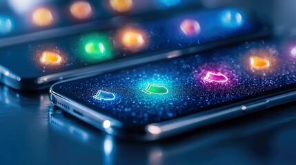 Close-up of modern smartphones displaying colorful, glowing app icons against a dark, sparkling background. The scene is illuminated with cool blue and vibrant