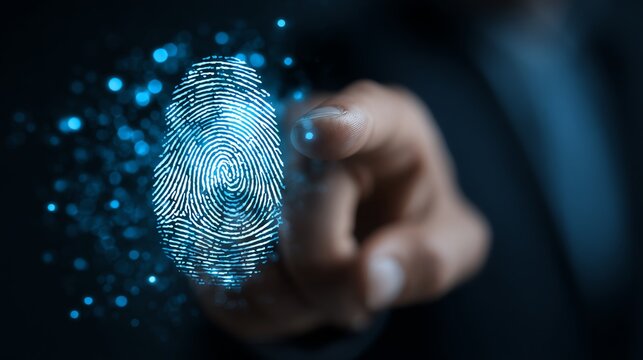 A close-up of a fingerprint emerging from a user's fingertip, symbolizing biometrics and digital security