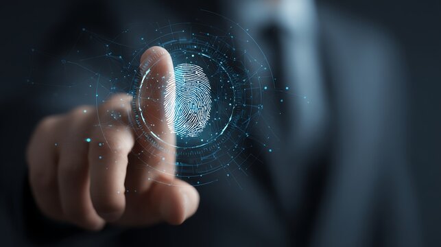 A businessman interacting with biometric technology, showcasing a digital fingerprint