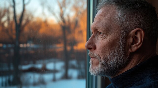 Lonely senior person gazing out the window during a tranquil evening as the winter sun sets over the quiet neighborhood