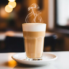 Steaming latte with foamy milk in a tall glass on a saucer coffe