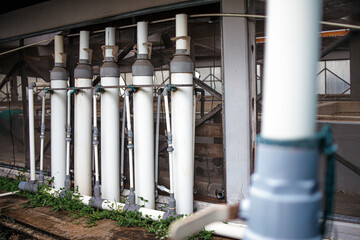 Protein Skimmer Systems in Aquaculture Hatcheries. Water Filtration Equipment for Fish and Shrimp Farming. Biofilter and Aeration Infrastructure.