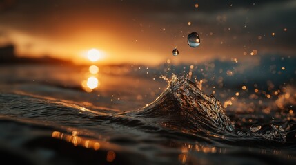 Beautiful ocean wave splash during sunrise with vibrant colors, water droplets, scenic landscape, and peaceful natural environment capturing dynamic motion