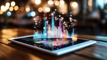 A tablet displaying vibrant digital graphs, highlighting data visualization in a modern setting. This image captures innovation and creativity in technology and analytics.