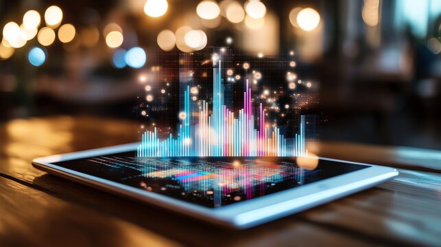 A tablet displaying vibrant digital graphs, highlighting data visualization in a modern setting. This image captures innovation and creativity in technology and analytics.
