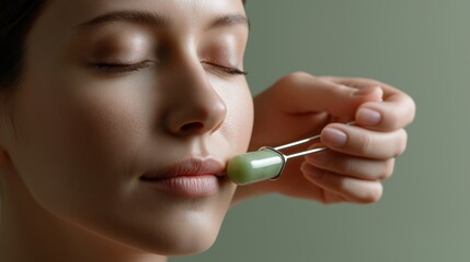 Beautiful woman with flawless skin enjoying skincare routine using advanced skincare products and professional treatment in modern skincare clinic setting