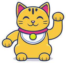 Cute Yellow Maneki Neko Cat with Raised Paw Bringing Good Fortune and Luck Cartoon Icon Illustration