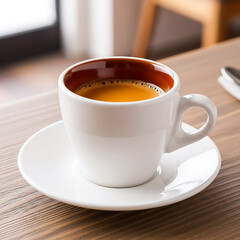 White coffee cup filled with dark coffee on a wooden table white