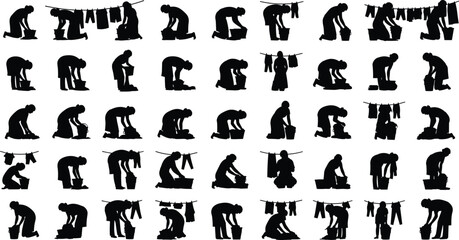 laundry, washing, clothes, silhouette, woman, bucket, wringing, hanging, line, domestic, work, black, white, illustration, design, repetitive, cycle, manual, labor, chore