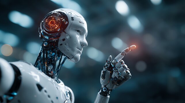 A futuristic robot with a sleek design points with precision, showcasing advanced technology