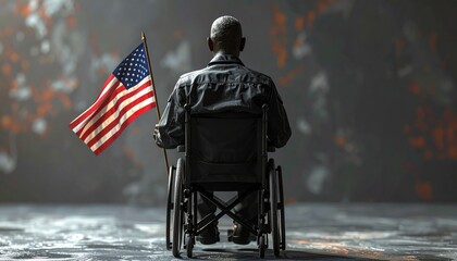 Obraz premium American flag in front of the old building with silhouette of a disabled elderly person sitting in a wheelchair